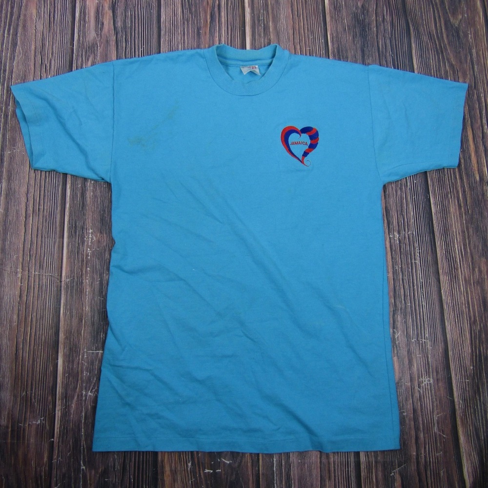 Vintage Hefty Jamaica Heart Shirt Mens L Blue Single Stitch Embroidered Tee
